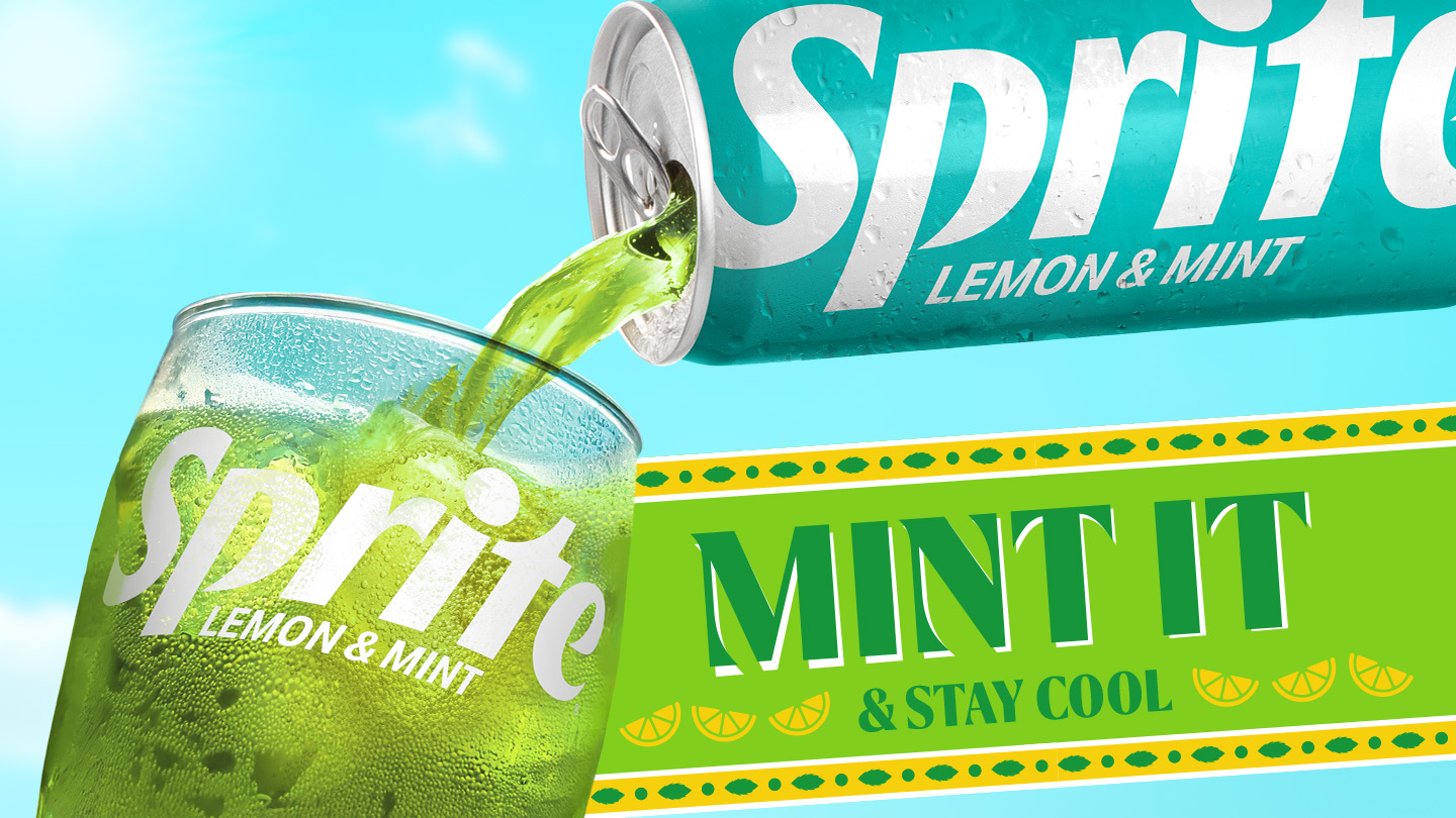 Sprite can on a green background with the phrase 'Refresh your thirst'