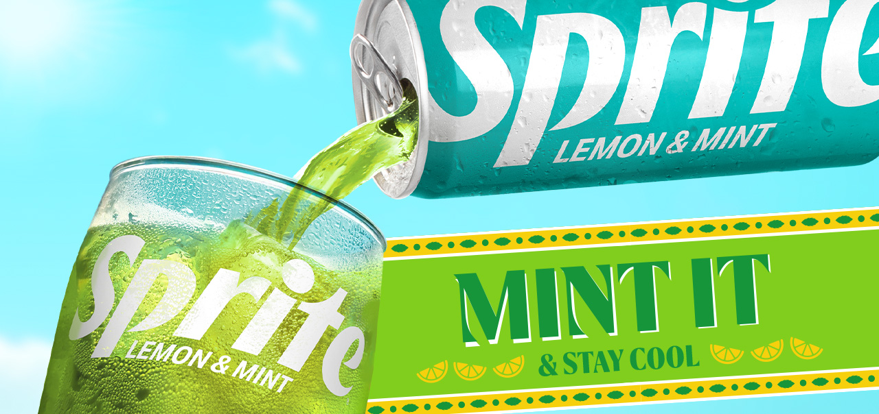 Sprite can on a green background with the phrase 'Refresh your thirst'