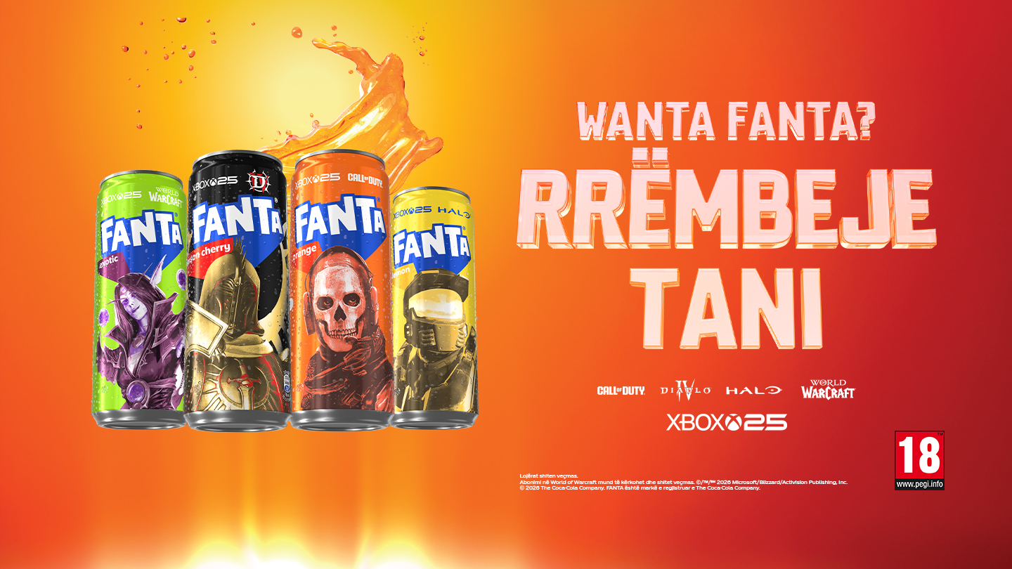 Një kanaçe Fanta me tekst që promovon çmime Xbox që jepen [çdo 5 minuta]; sfond portokalli dhe i verdhë me shkronja të trasha.