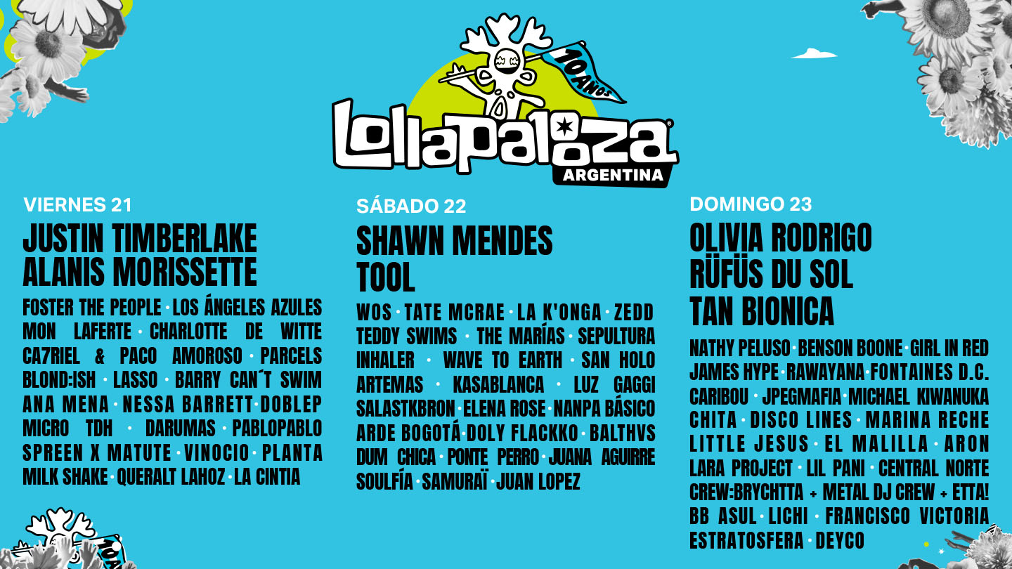 Cartel promocional de Lollapalooza Argentina 2025 mostrando los días y artistas destacados: Justin Timberlake, Alanis Morissette, Shawn Mendes, Tool, Olivia Rodrigo, entre otros.