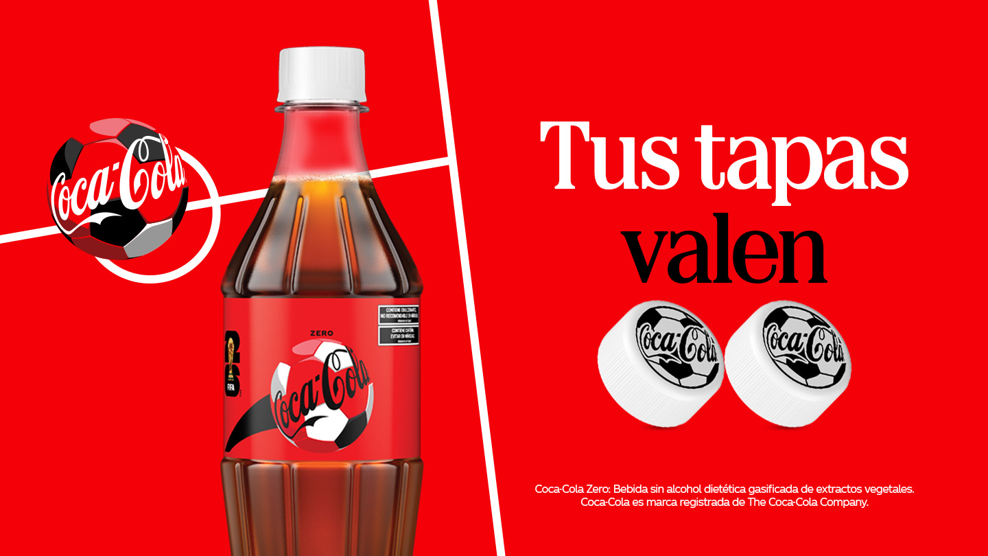 banner "Tus tapas valen". Se ve una Coca-Cola con una pelota con el logo de la marca y del lado derecho dos tapas de Coca-Cola color blanco