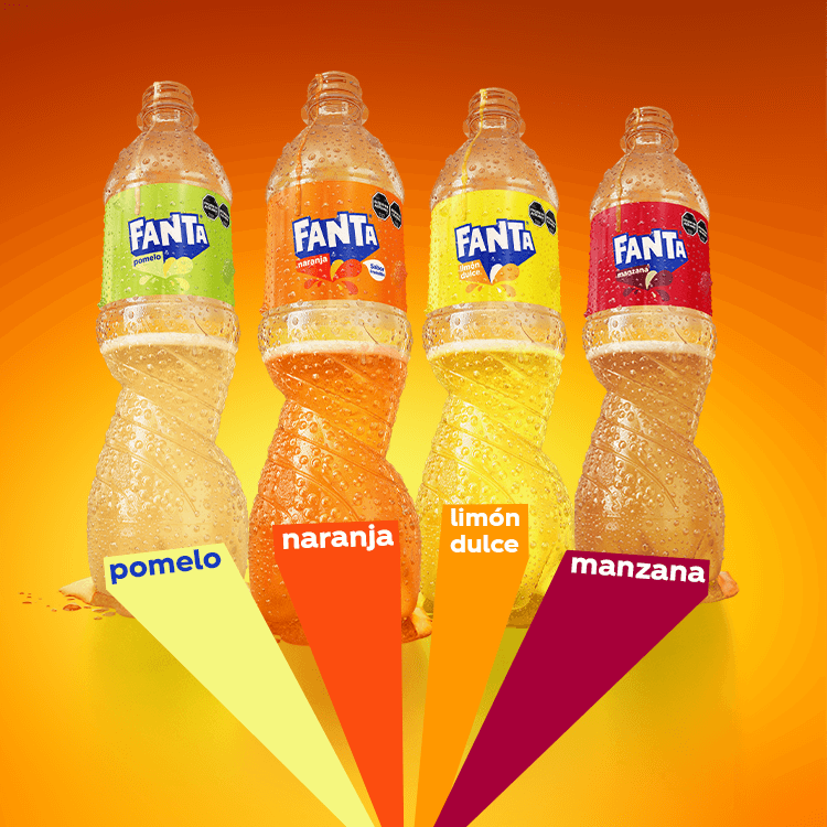 Botella de Fanta sabor pomelo con el texto 'Nuevo sabor pomelo ahora más delicioso' sobre un fondo azul vibrante con elementos gráficos naranjas y verdes.