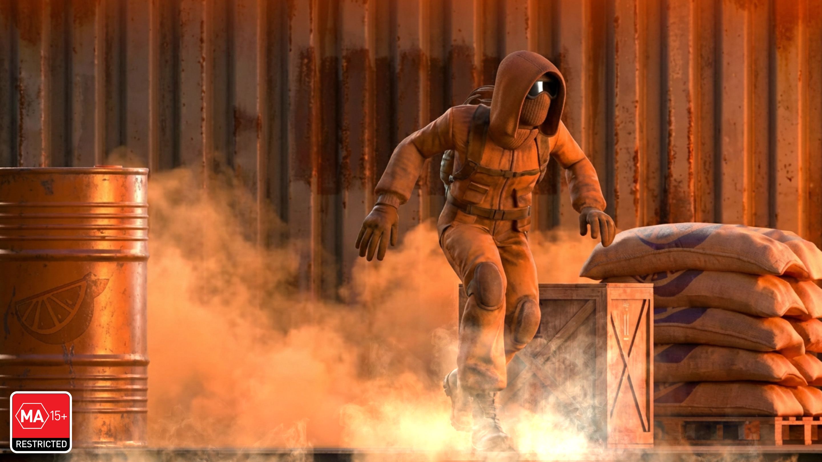 A Halo character stealthily infiltrates a base at dusk. 