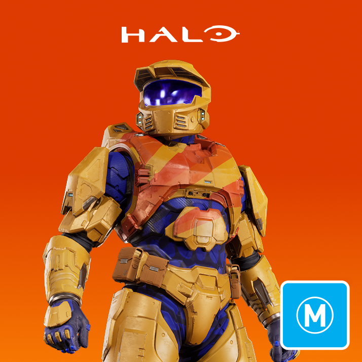 Master Chief wearing a Fanta orange suit of armor under a Halo logo against an orange background.