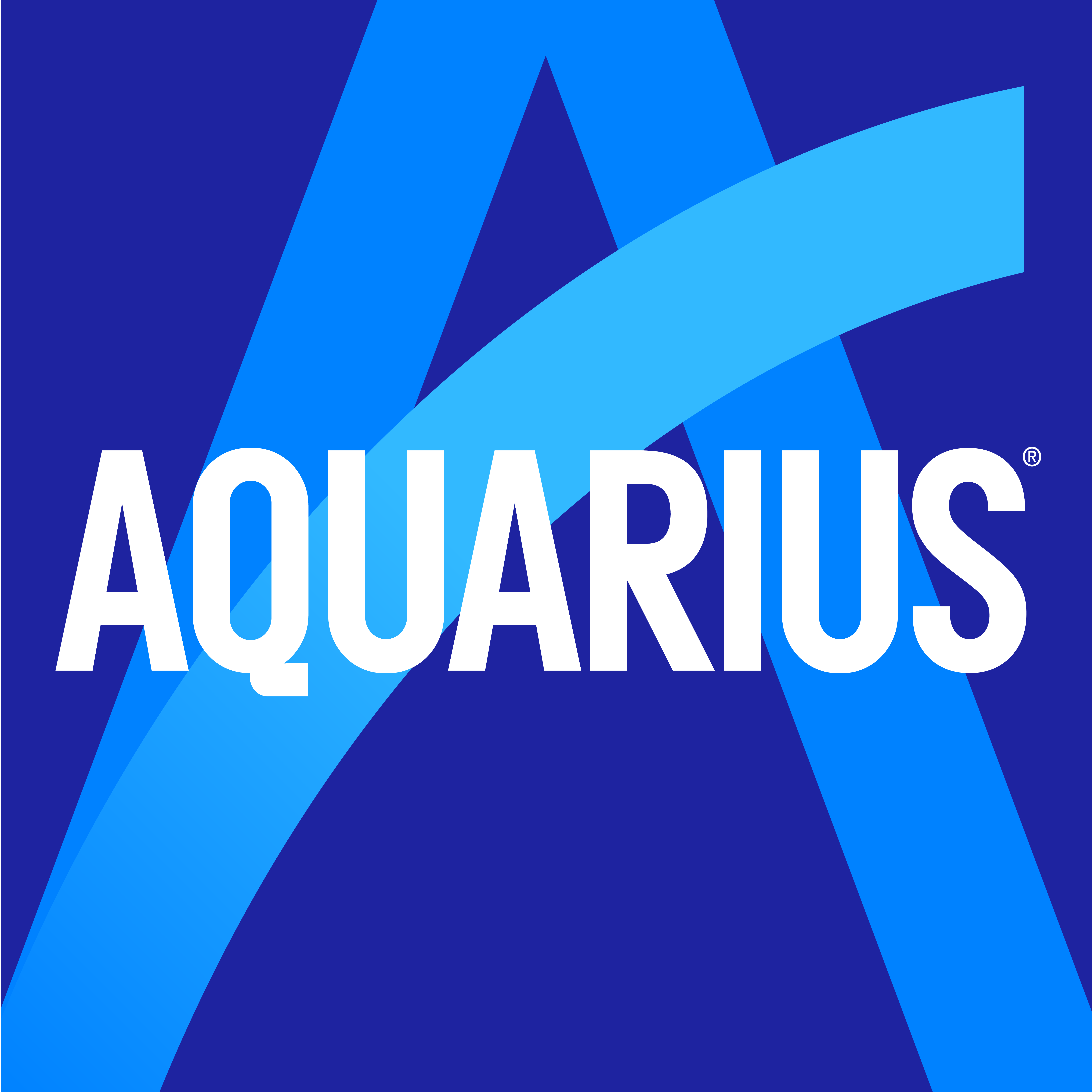 Logo sur fond bleu avec un grand "A" stylisé en bleu clair et le nom "Aquarius" en lettres blanches majuscules.