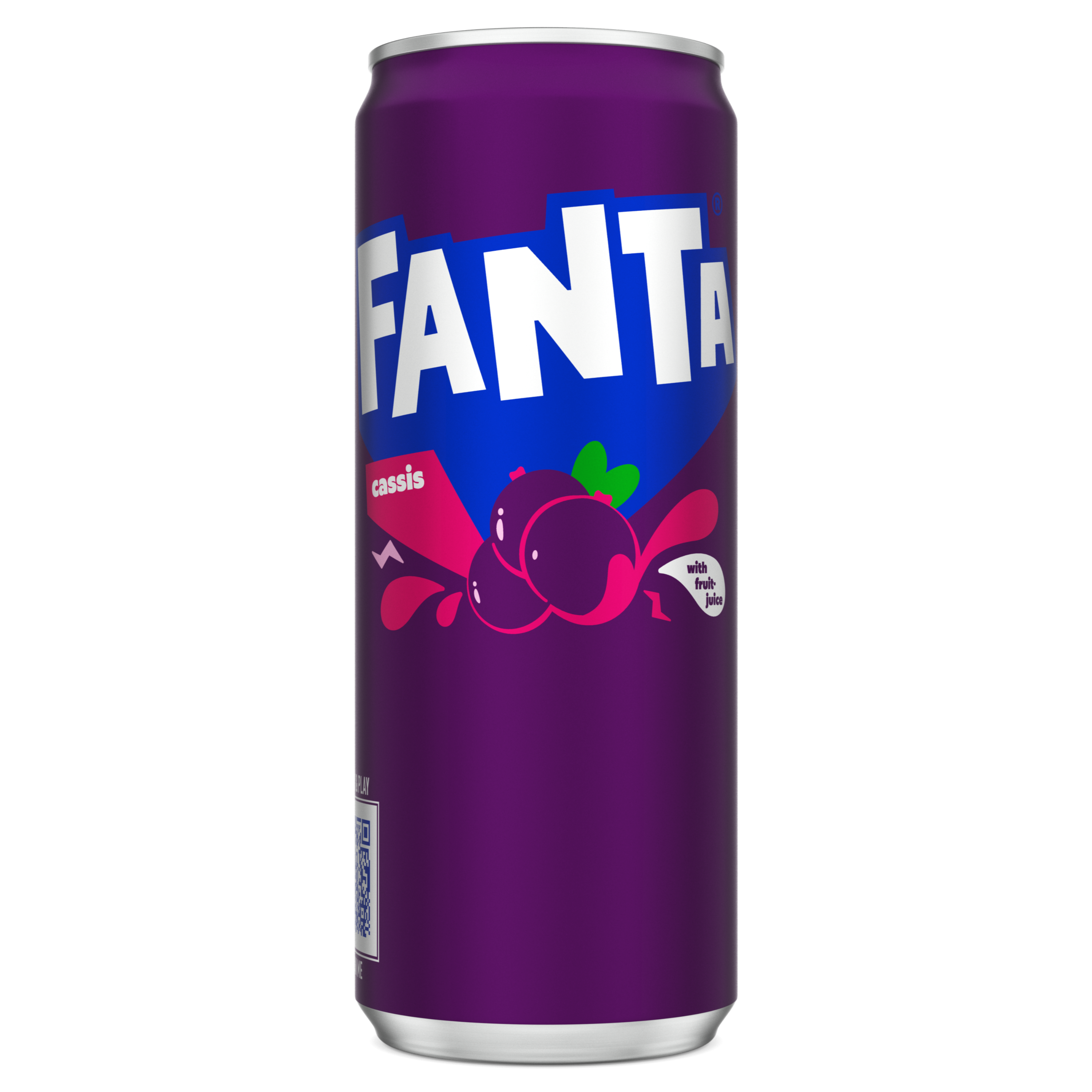 Canette Fanta cassis (Cassis), fond violet intense avec illustration de cassis éclatantes, entourées de petites gouttelettes roses pour accentuer l’effet juteux.