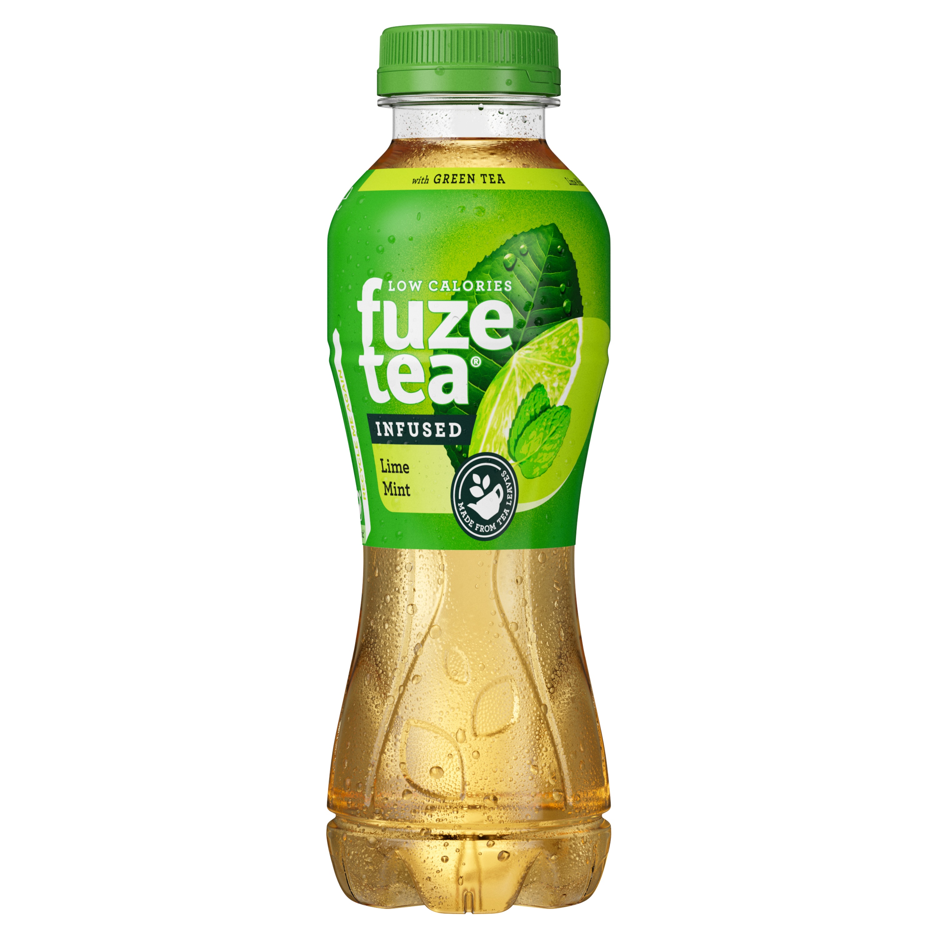 Fles Fuze Tea groene thee limoen-munt, groene etikettering met limoenpart en mintblad, goudkleurige doorzichtige drank.