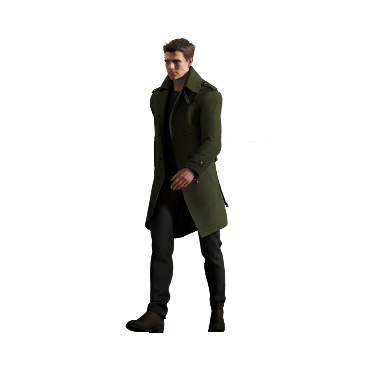 Tu vois une personne en train de marcher, portant un long manteau vert foncé par-dessus une tenue noire composée d’un pantalon et de chaussures noirs. La personne avance d’un pas décontracté devant un fond blanc uni.