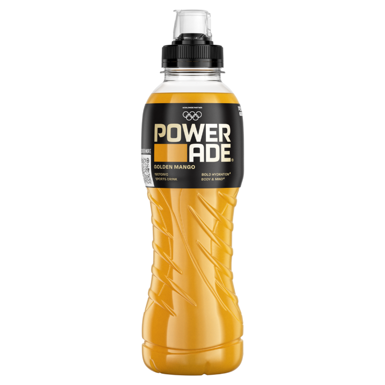 Une bouteille de boisson sportive Powerade jaune avec l’étiquette « Powerade Golden Mango » et un bouchon sport.