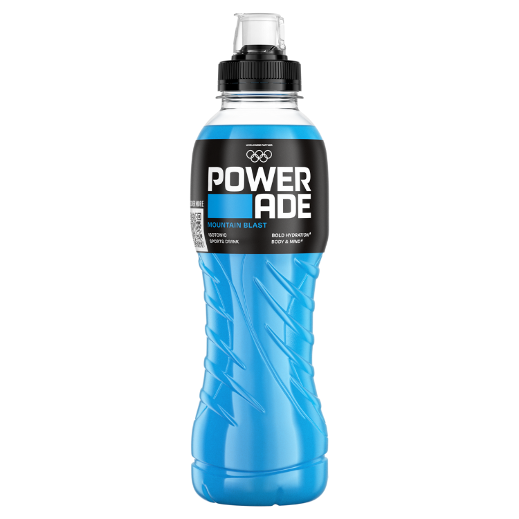 Une bouteille de boisson sportive Powerade bleue avec l’étiquette « Powerade Mountain Blast » et un bouchon sport.