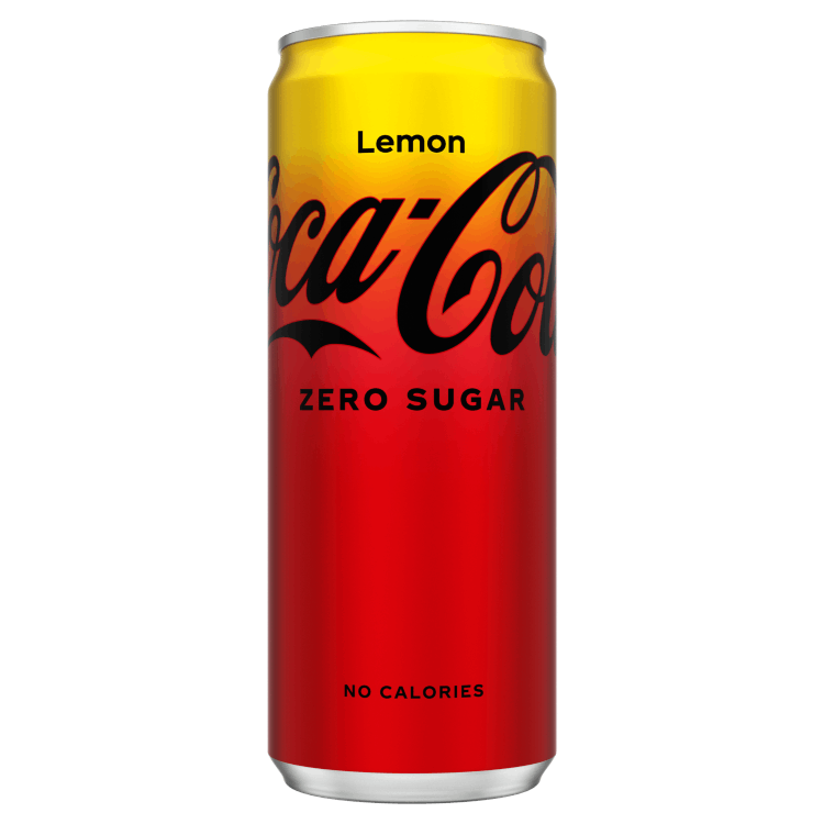Image d’une canette de Coca-Cola bicolore avec le haut jaune et le bas rouge. Le logo « Coca-Cola » est en noir, avec la mention « Lemon » en haut, « Zero Sugar » au centre, et le texte « No Calories » inscrit en bas.