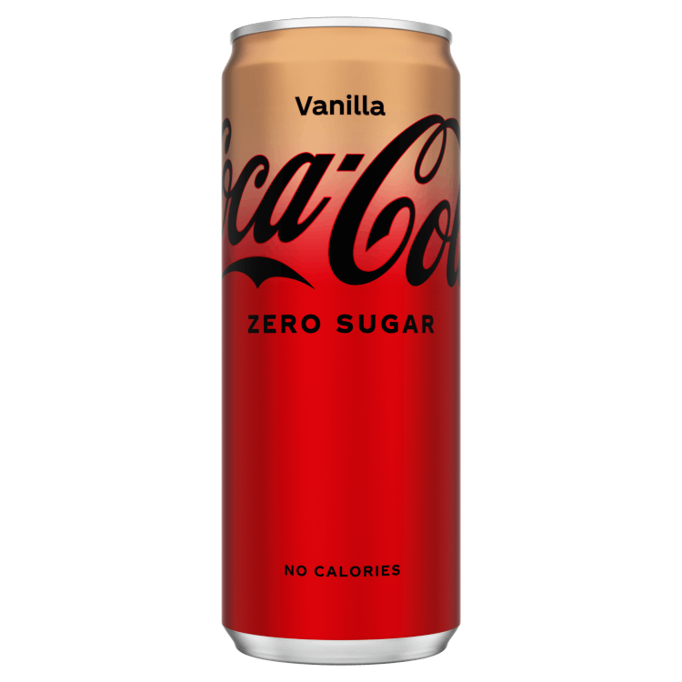 Image d’une canette de Coca-Cola bicolore avec le haut beige et le bas rouge. Le logo « Coca-Cola » est en noir, avec la mention « Vanilla » en haut, « Zero Sugar » au centre, et le texte « No Calories » inscrit en bas.