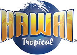 Logo avec le nom "Hawaï" en lettres jaunes bordées de bleu, situé sur un fond circulaire bleu avec l’inscription "Tropical" en blanc en dessous.