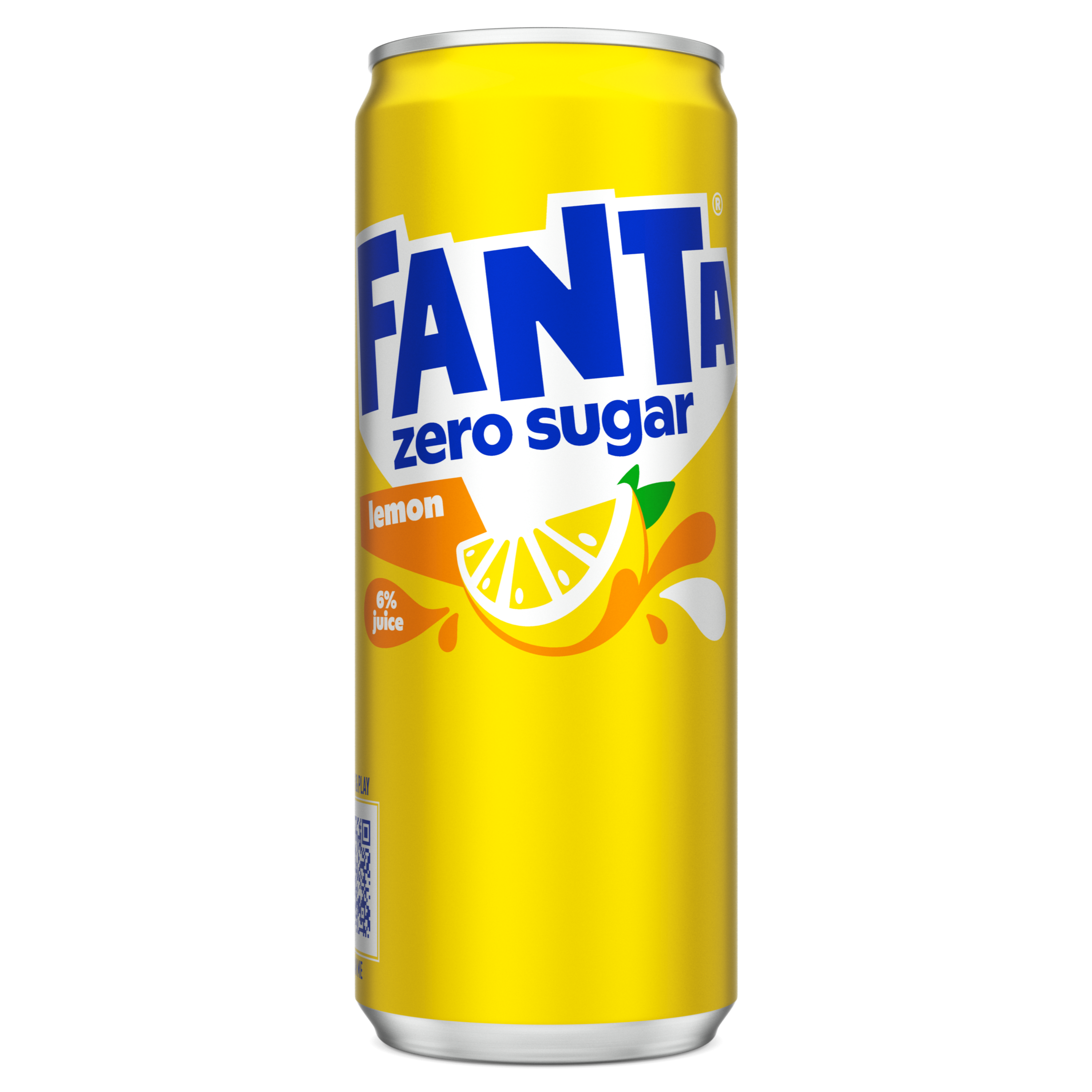 Afbeelding van een fel geel blikje Fanta Lemon Zero Sugar, met een illustratie van een citroenschijf. De merknaam staat in grote witte en blauwe letters, en “zero sugar” is in blauw vermeld.