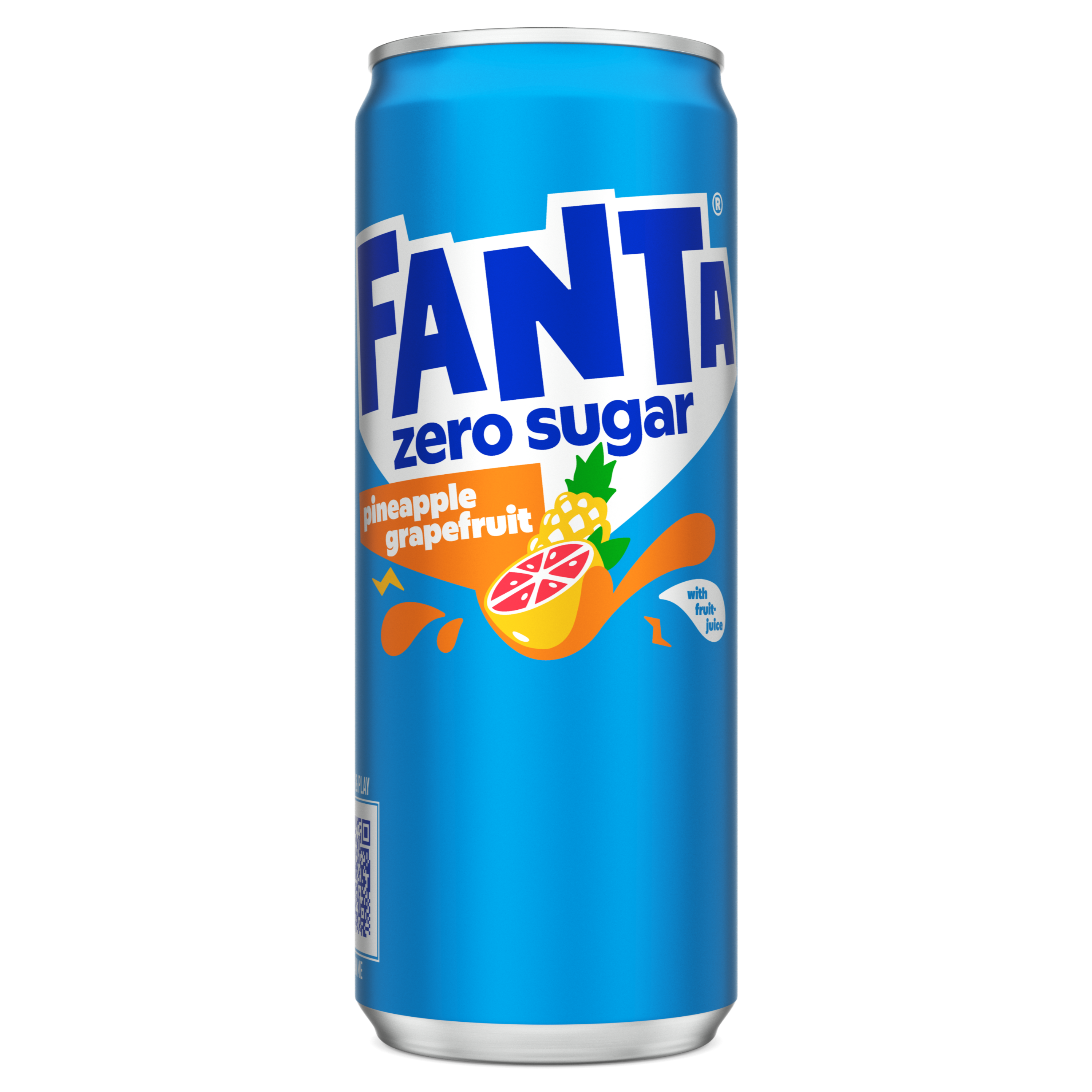  Afbeelding van een felblauw blikje Fanta Zero Sugar Pineapple Grapefruit, met illustraties van een stuk ananas en een halve grapefruit omgeven door oranje spetters. De merknaam Fanta staat groot in witte en blauwe letters, met “zero sugar” in blauw aangegeven.