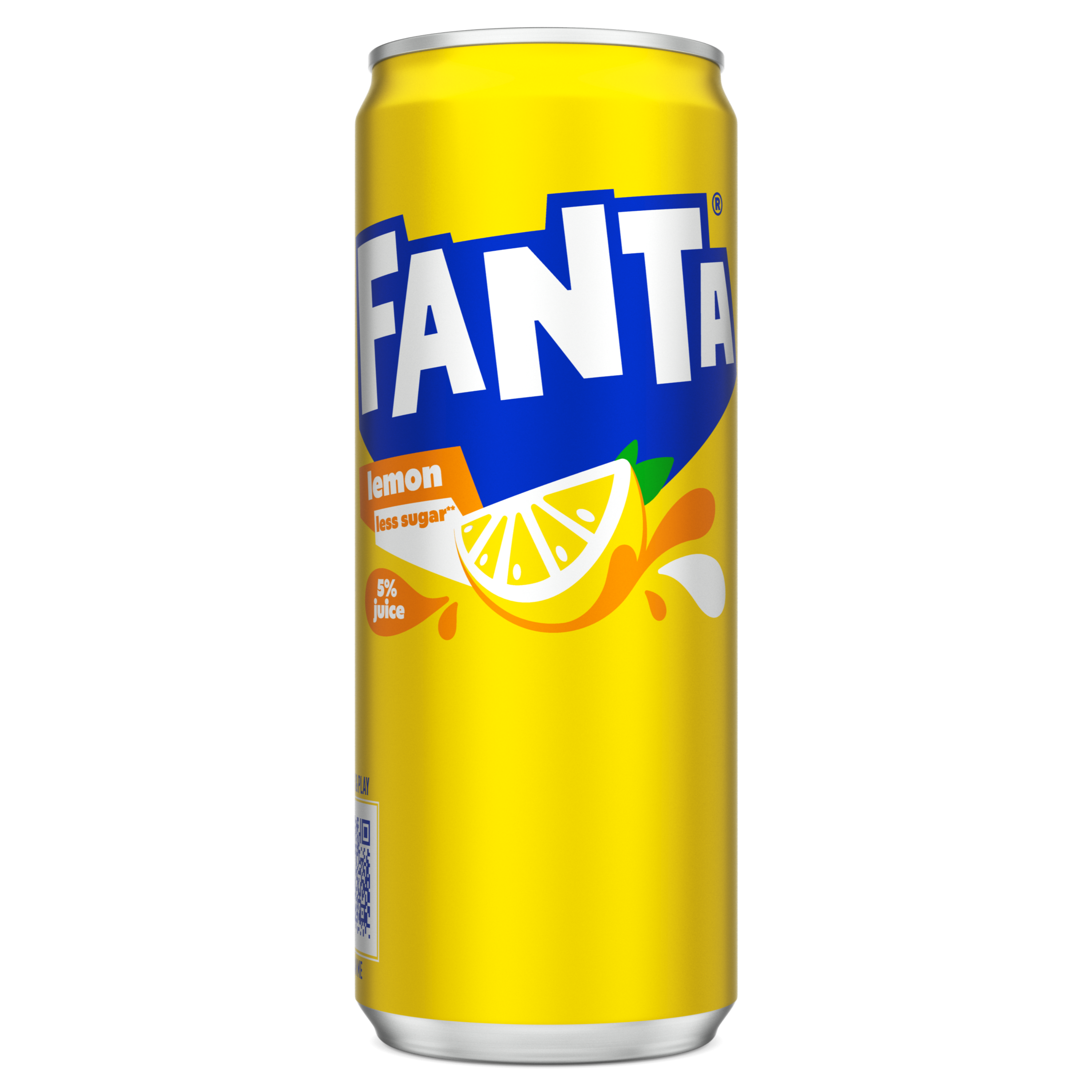 Afbeelding van een fel geel blikje Fanta Lemon, met een illustratie van een citroenschijf. De merknaam staat in grote witte en blauwe letters op een blauwe achtergrond, met het woord “lemon” in wit op oranje.