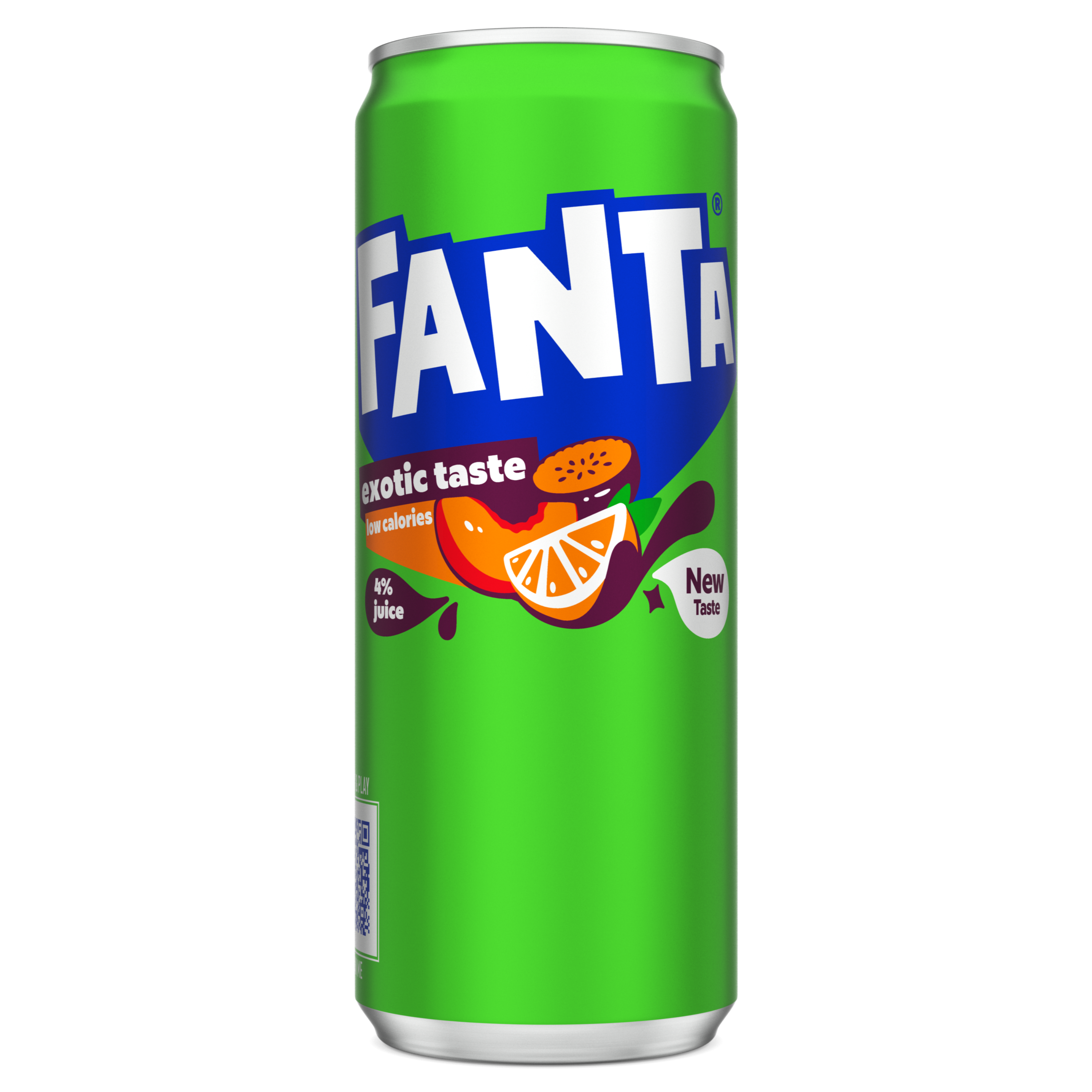 Afbeelding van een felgroen blikje Fanta Exotic Taste, met illustraties van een sinaasappelschijf en een stukje tropisch fruit in paarse siroop. Op het blikje staat in witte letters “exotic taste” en vermeldingen zoals “1% juice” en “new taste”. De merknaam Fanta staat groot in witte en blauwe letters.