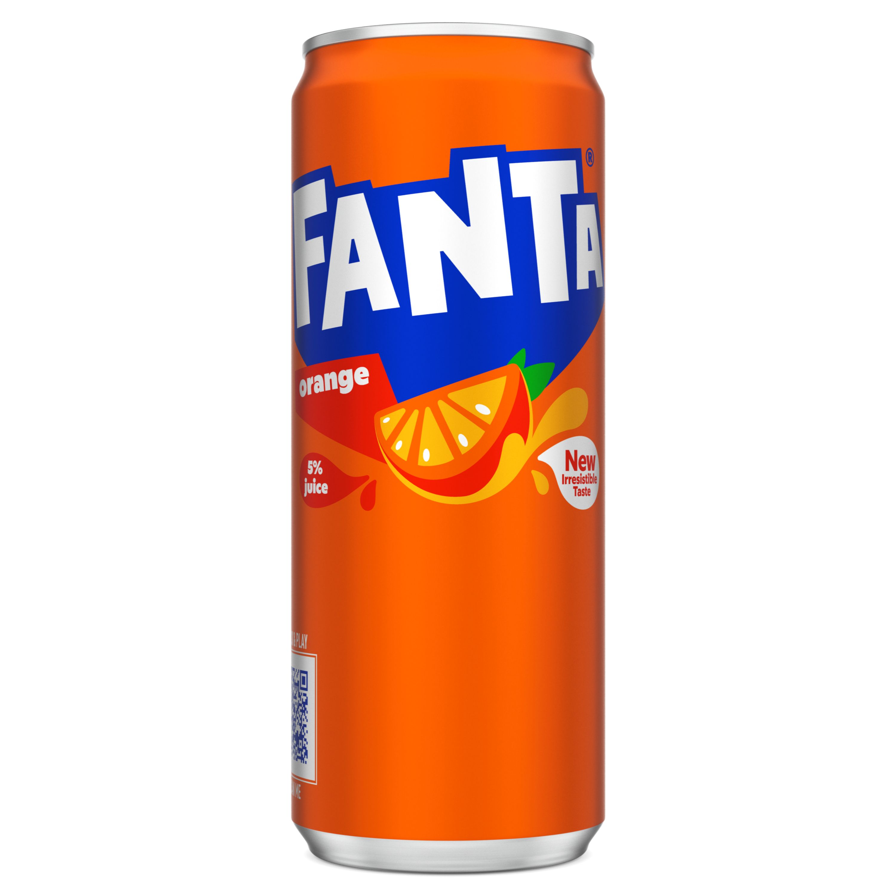 Afbeelding van een oranje blikje Fanta met een afbeelding van een sinaasappelschijf en opschrift "Orange". Het blikje heeft een fel oranje achtergrond en wit-blauwe merknaam.