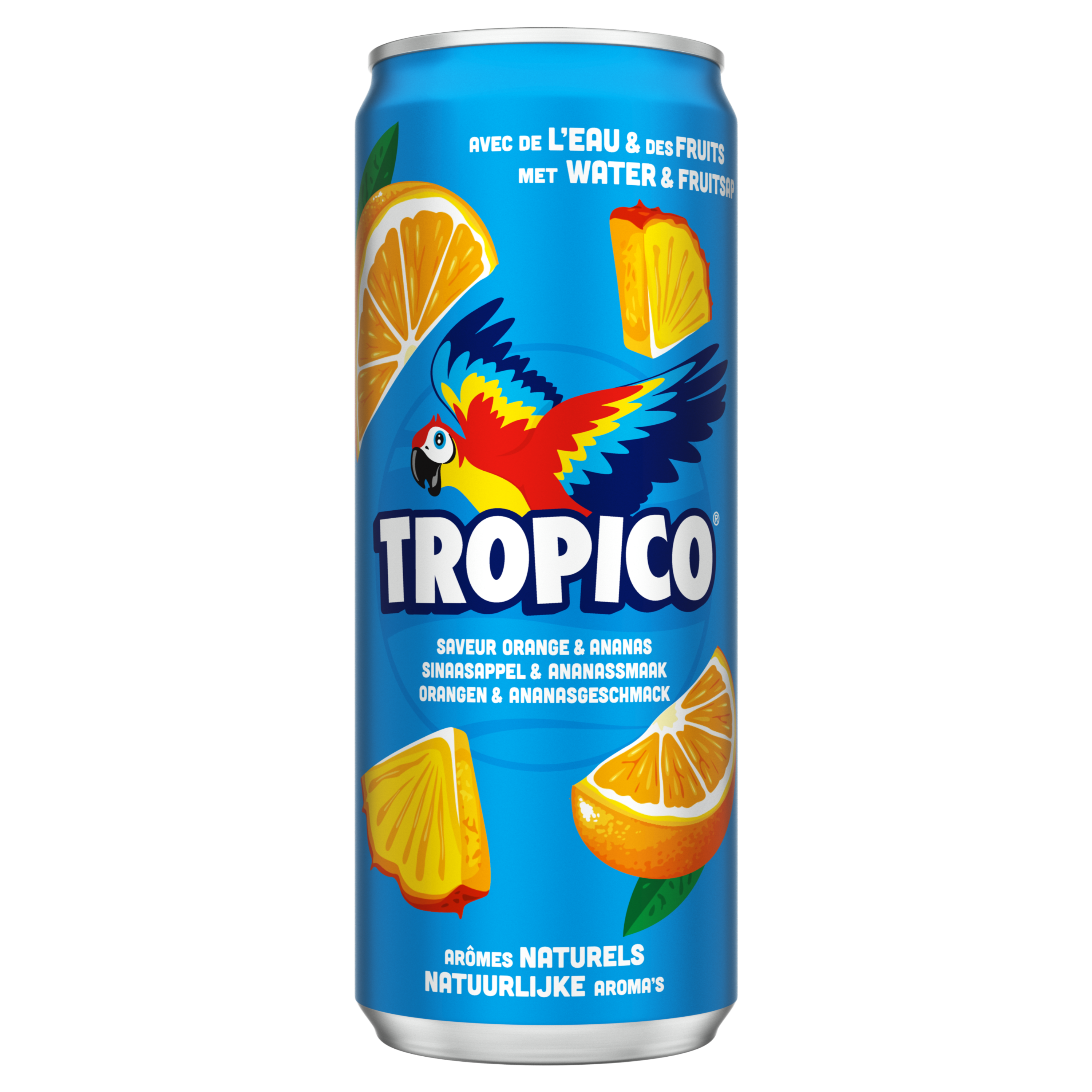 Blauwe “Tropico”-blik met een kleurrijke papegaai, omringd door sinaasappelpartjes en stukken ananas. Tekst op het blik : « Met water & fruit » « Smaak sinaasappel & ananas » « Natuurlijke aroma’s »