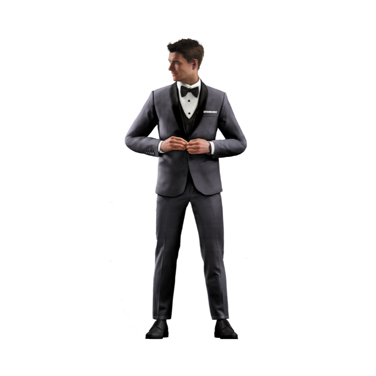 Je ziet een persoon die rechtop staat in een stijlvol grijs smokingpak met een zwart strikje, wit overhemd en zwarte schoenen. De persoon knoopt het jasje dicht en staat tegen een effen witte achtergrond.