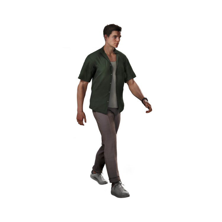 Je ziet een persoon die ontspannen vooruitloopt en een donkergroen overhemd met korte mouwen draagt over een lichte top, gecombineerd met een taupekleurige broek en lichtgekleurde sneakers. De persoon beweegt zich tegen een effen witte achtergrond.
