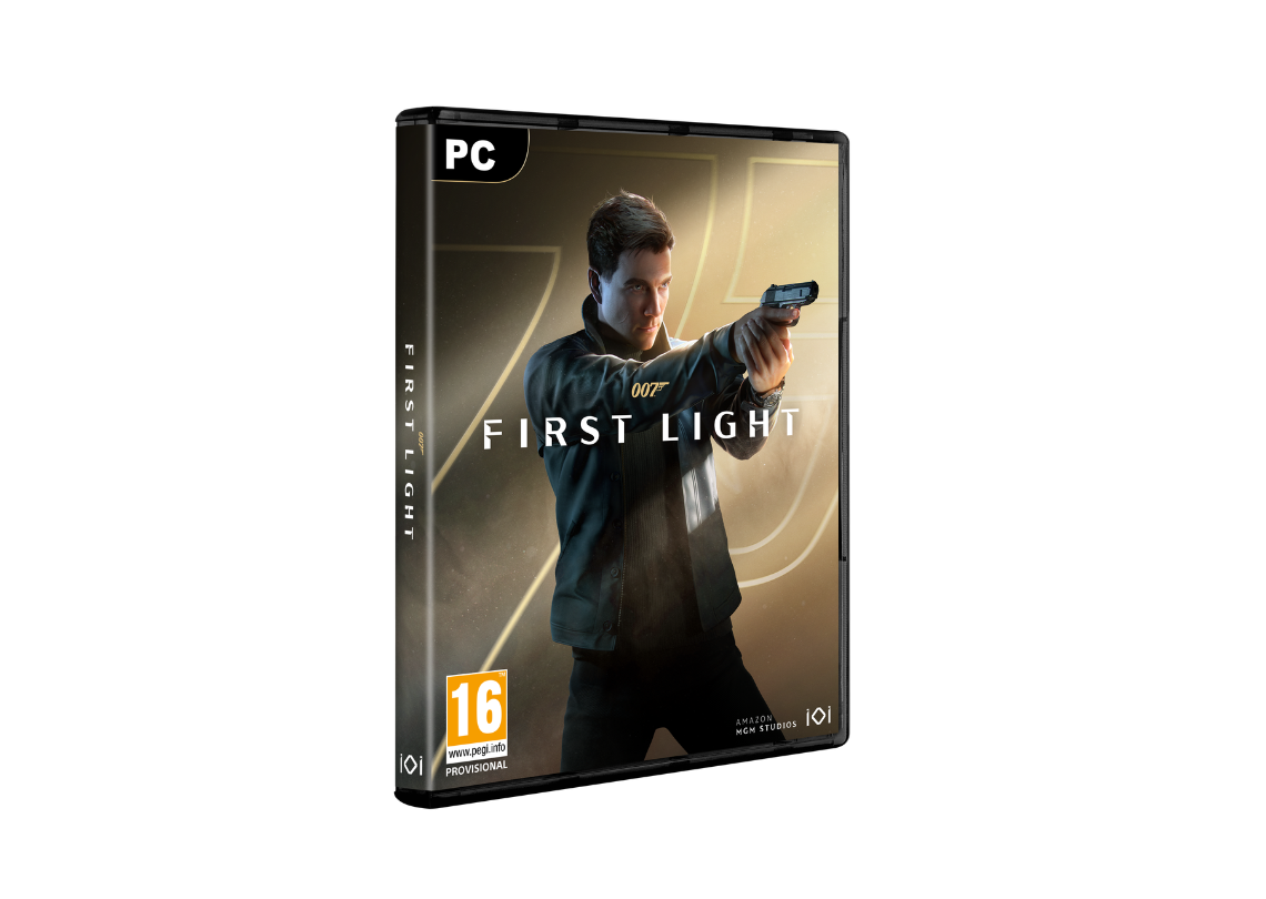 PC‑spelhoes van 007: First Light met een persoon in donkere kleding die een pistool richt, de titel centraal op de voorkant en een PEGI‑16 leeftijdsclassificatie.