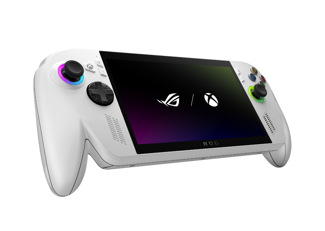 Witte handheld gameconsole met ingebouwd scherm, twee joysticks, bedieningsknoppen en verlichte ringen rond de joysticks; op het scherm staan gaminglogo’s.