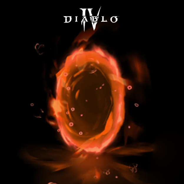 Un portail orange lumineux sur un fond noir, sous un logo Diablo IV.