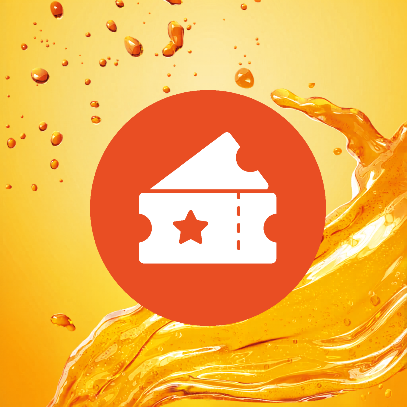 Icône de billet avec une étoile au centre, sur un fond orange vif avec des éclaboussures de liquide.