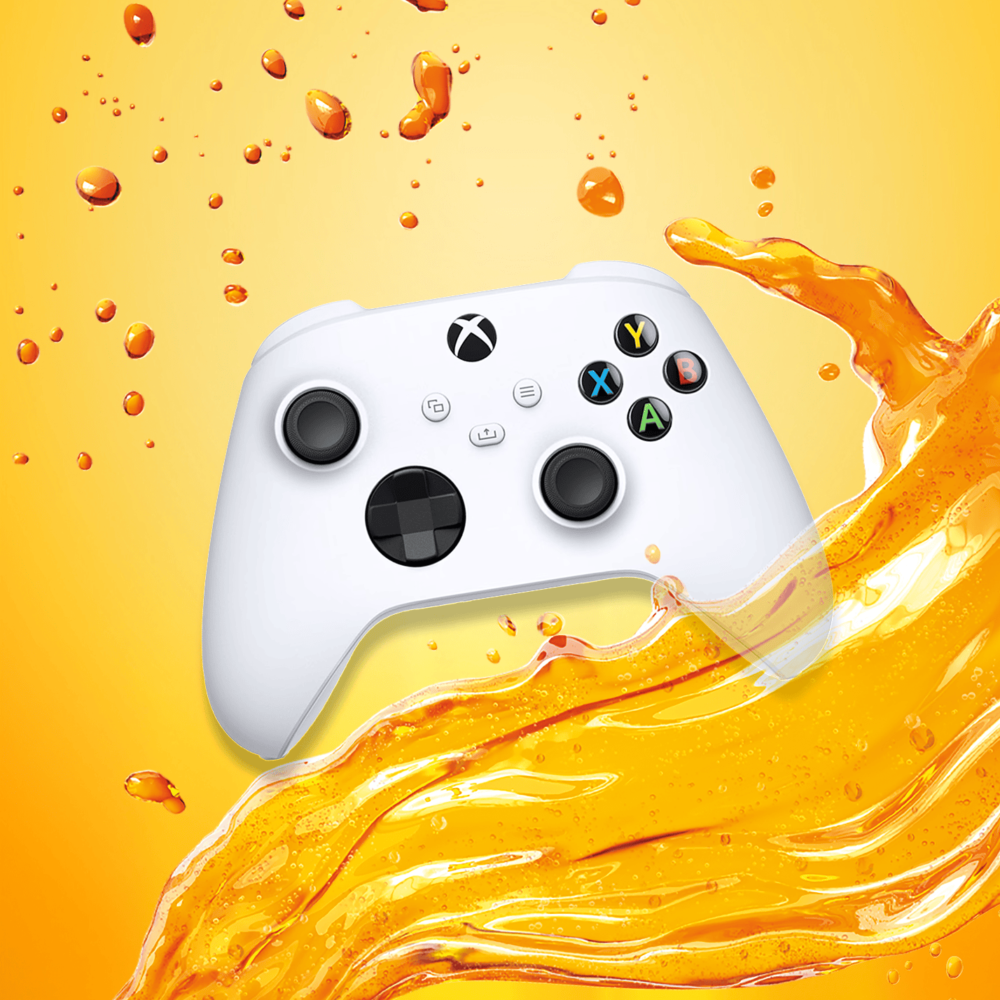 Manette de jeu blanche flottant et éclaboussée par une vague de boisson orange pétillante sur fond jaune vif.