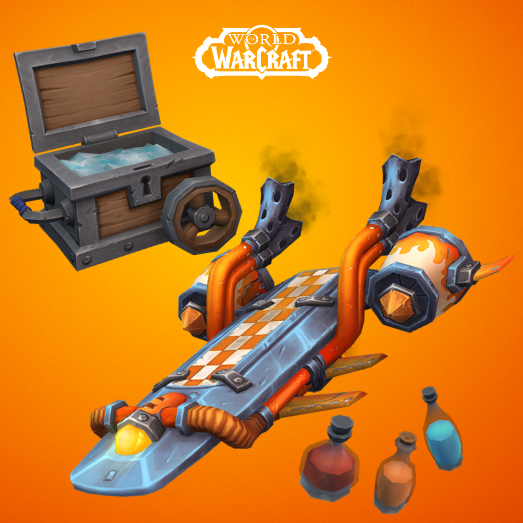 L’accessoire de skateboard Fantastical Goblin Waveshredder, une bouteille teignable et une glacière portable robuste sur un fond orange et sous un logo World of Warcraft.
