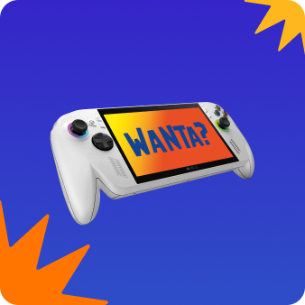 Witte Xbox draagbare gamecontroller met ingebouwd scherm waarop “WANTA?” staat, tegen een blauwe achtergrond met oranje grafische vormen.