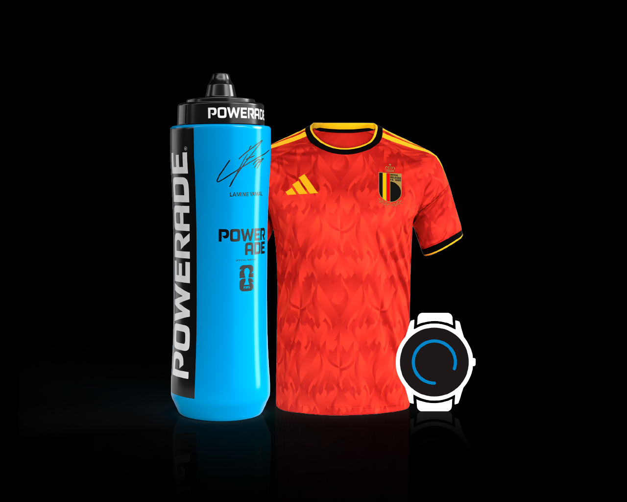 Gourde Powerade, maillot de football belge et montre connectée sur fond noir.