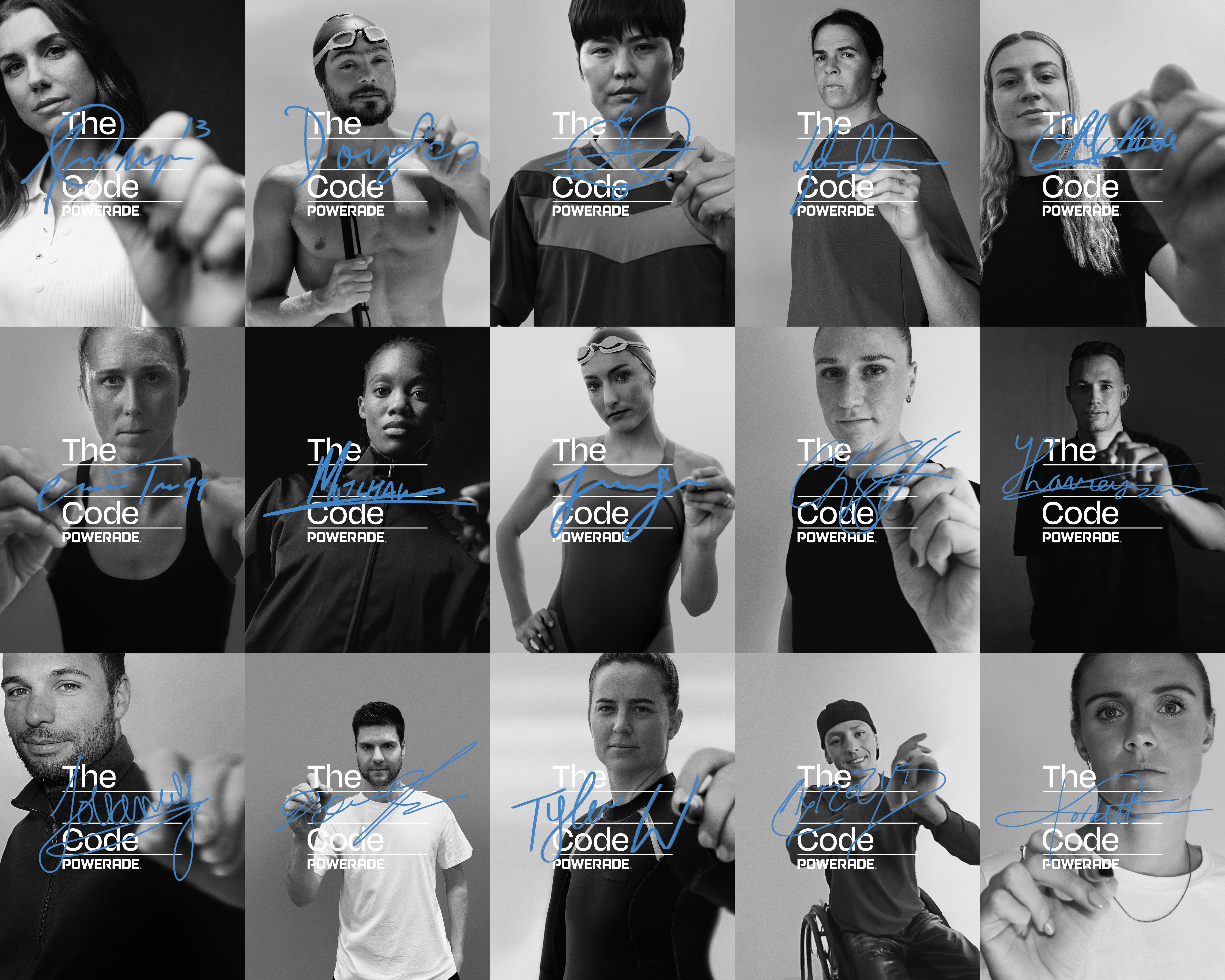 Vijftien zwart-witfoto’s van verschillende atleten in sportkleding die een pen vasthouden en hun naam tekenen op elke afbeelding, met de tekst « The [name] Code – Powerade » in witte en blauwe letters.