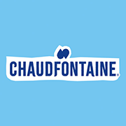 Logo met blauwe achtergrond en de naam "Chaudfontaine" in blauwe hoofdletters, met een symbool in de vorm van een waterdruppel erboven.