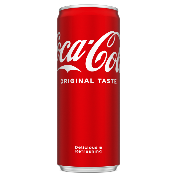 Afbeelding van een rode Coca-Cola-blik met het witte logo “Coca-Cola” groot afgebeeld, daaronder de tekst “Original Taste” in witte hoofdletters, en de woorden “Delicious & Refreshing” onderaan.