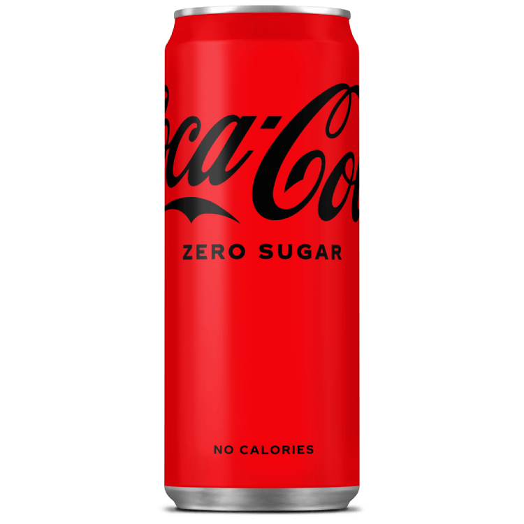 Afbeelding van een rode Coca-Cola-blik met het zwarte logo “Coca-Cola”, de tekst “Zero Sugar” in zwarte hoofdletters in het midden, en de woorden “No Calories” onderaan.