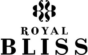 Logo op witte achtergrond met een abstract zwart symbool boven de naam "Royal Bliss" in elegante zwarte hoofdletters.