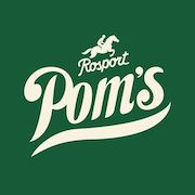 Donkergroen logo met een klein wit paard boven het woord "Rosport" en het woord "Pom’s" in grote, schuine, witte cursieve letters.