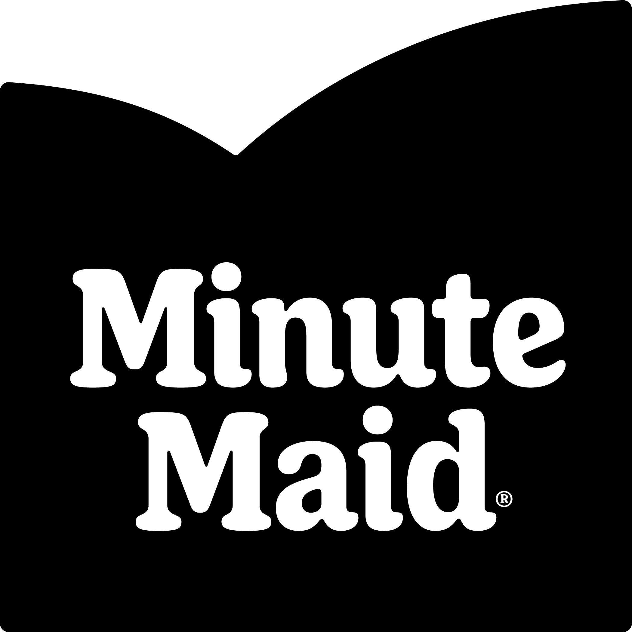 Zwart logo met de naam "Minute Maid" in witte letters, geplaatst in een vorm die lijkt op een boek of etiket.