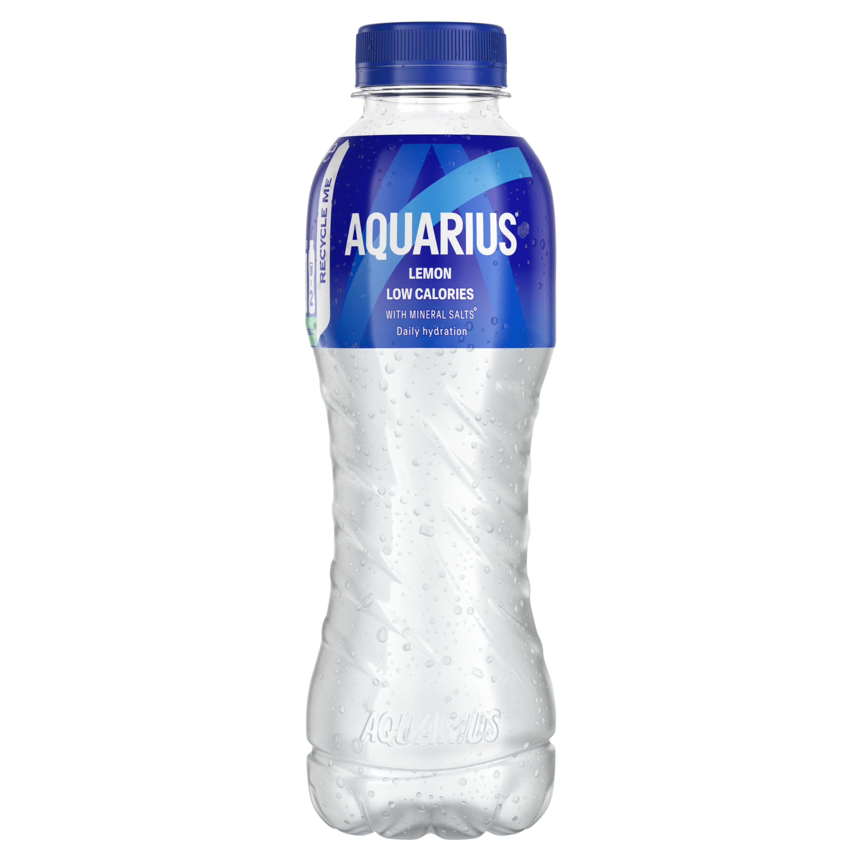 Bouteille transparente de boisson Aquarius "Lemon" avec liquide clair, bouchon bleu et étiquette bleue indiquant "Low Calories".
