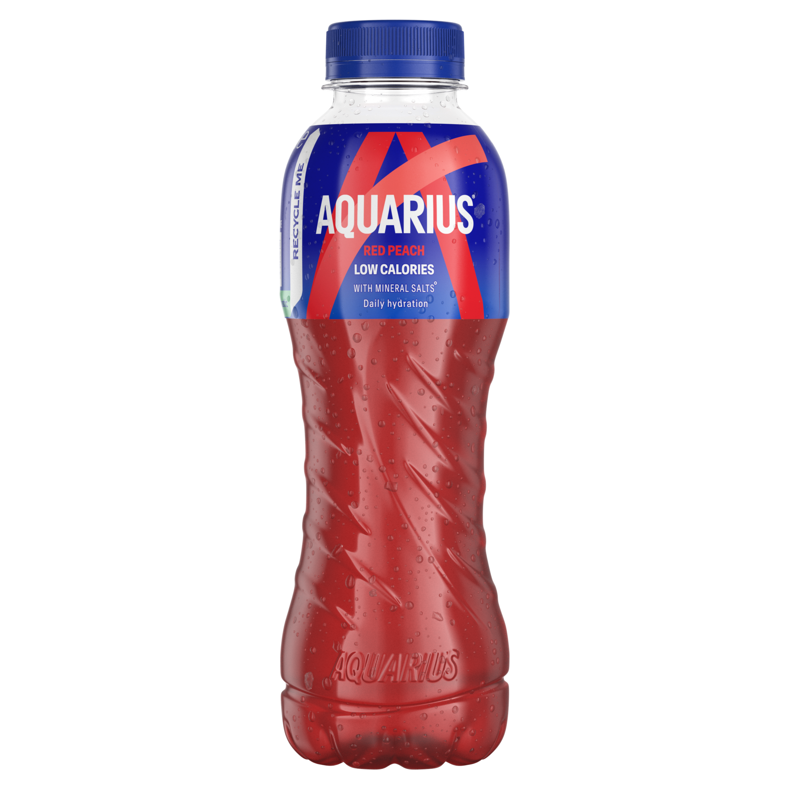 Bouteille rouge de boisson Aquarius "Red Peach", avec bouchon bleu et étiquette bleue et rouge indiquant "Low Calories".