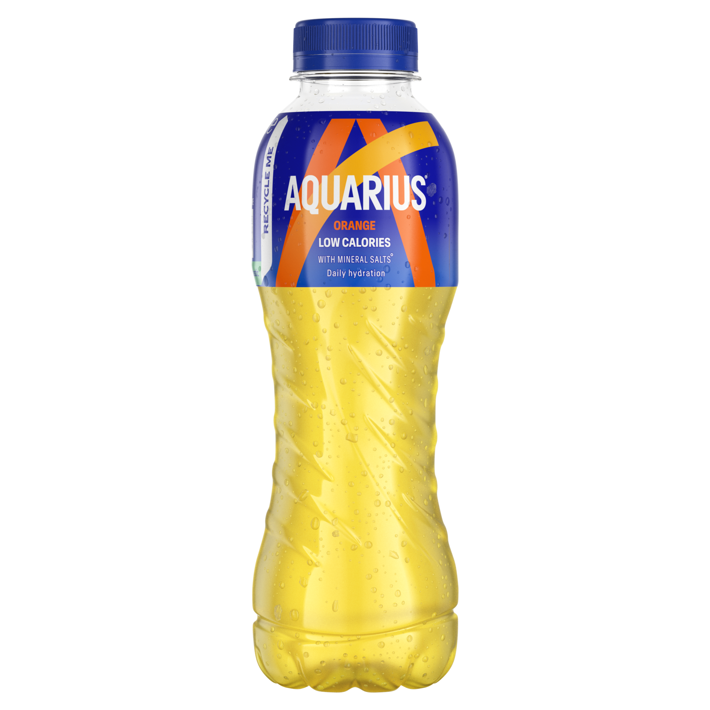 Bouteille orange de boisson Aquarius "Orange", avec bouchon bleu et étiquette bleue et orange indiquant "Low Calories".