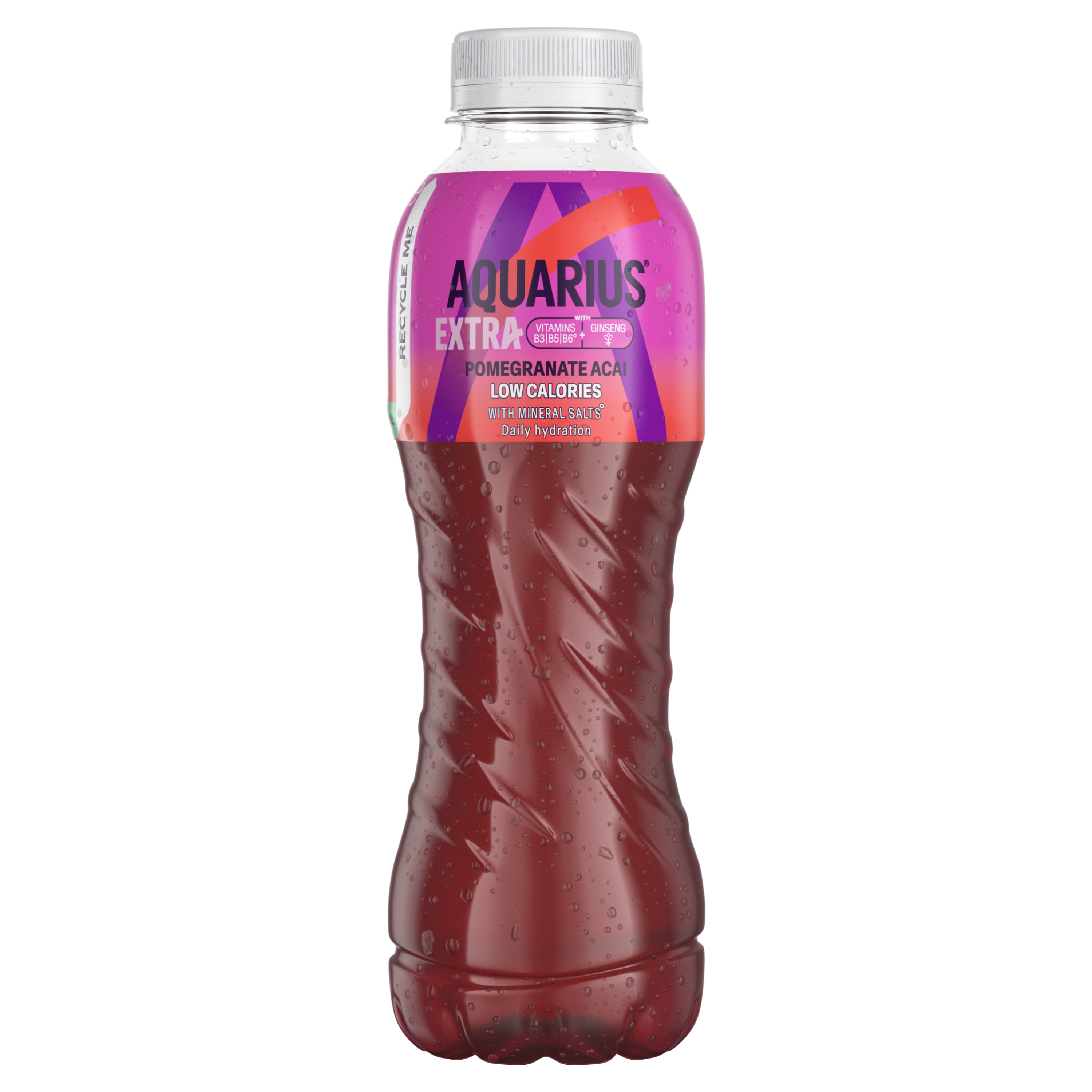 Bouteille Aquarius Extra Pomegranate Açaï faible en calories, avec sels minéraux, vitamines B et ginseng, pour l’hydratation quotidienne.
