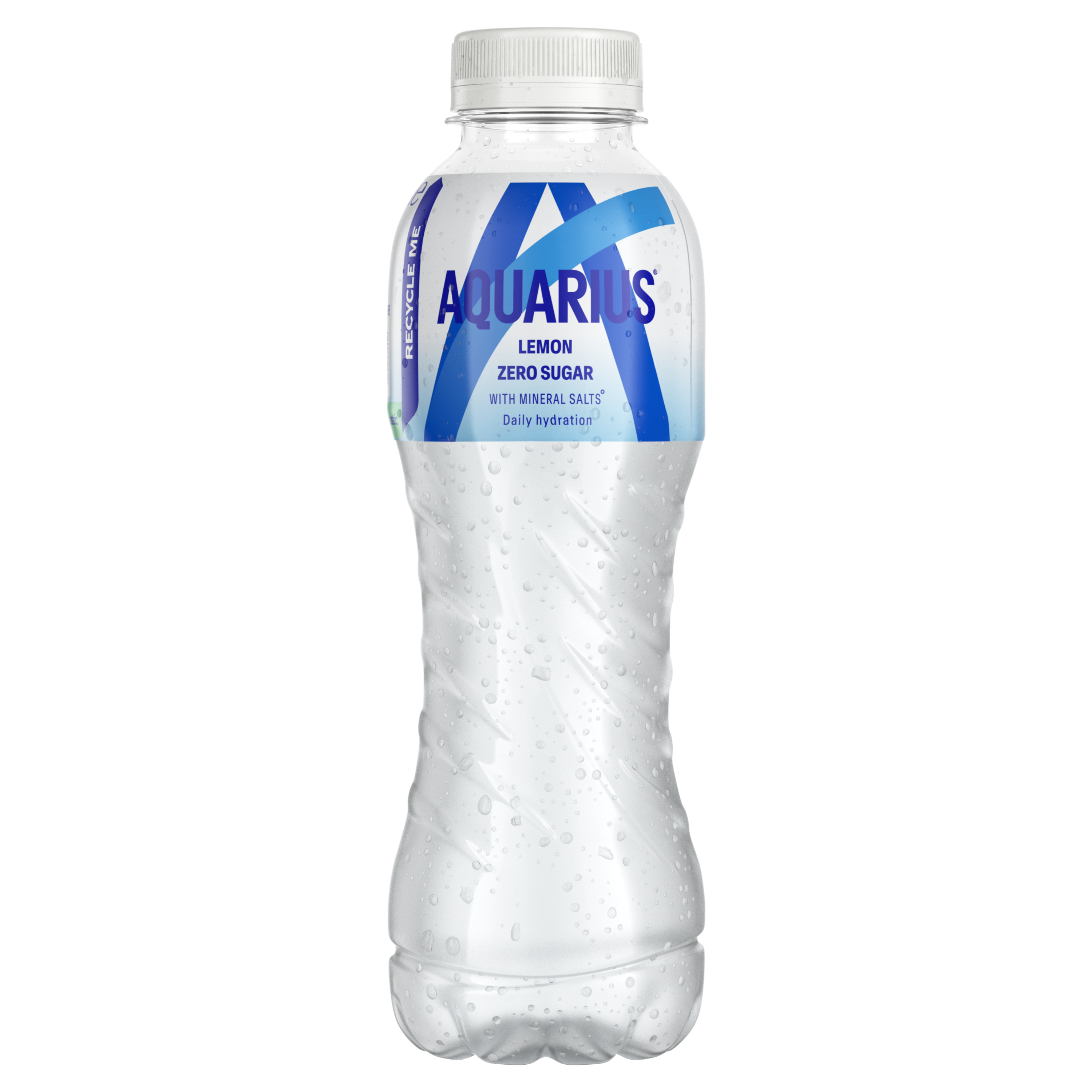 Bouteille transparente de boisson Aquarius "Lemon Zero Sugar" avec liquide clair, bouchon blanc et étiquette blanche et bleue indiquant "Zero Sugar".