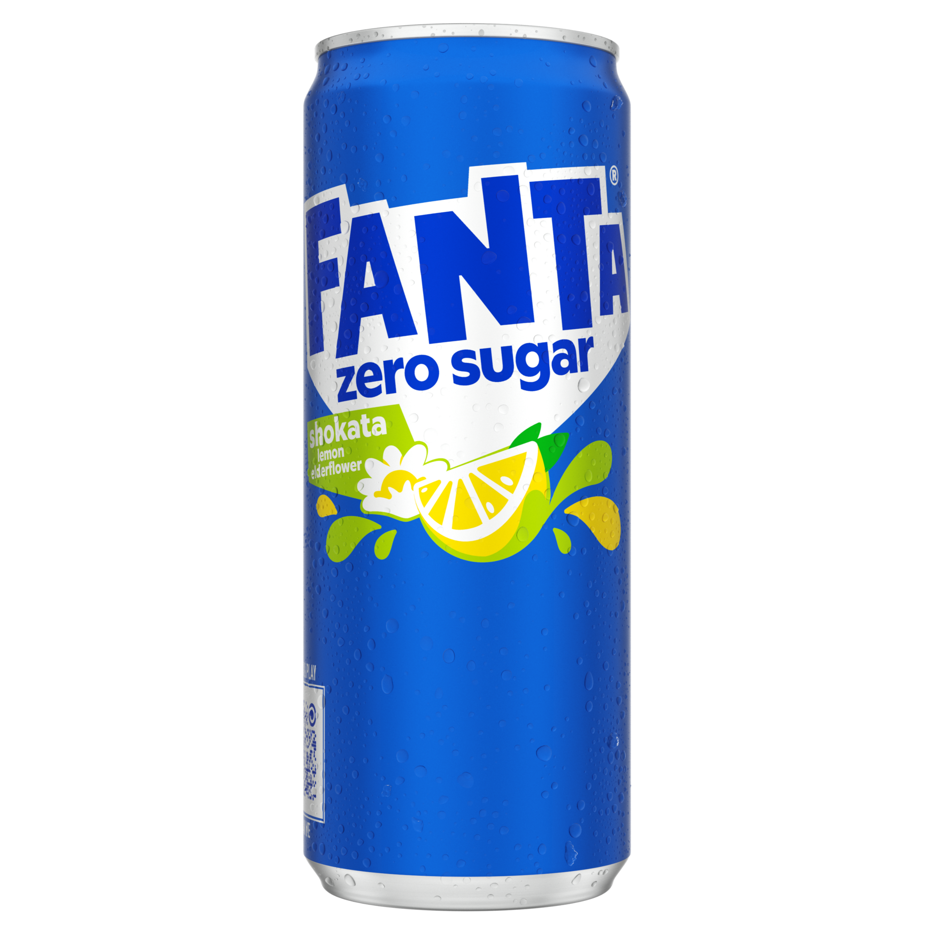 Afbeelding van een felblauw blikje Fanta Zero Sugar Shokata, met illustraties van een citroenschijf en vlierbloesem, omgeven door gele en groene spetters. De merknaam Fanta staat groot in witte en blauwe letters, met “zero sugar” in blauw aangegeven. Het blikje is bedekt met kleine waterdruppels.