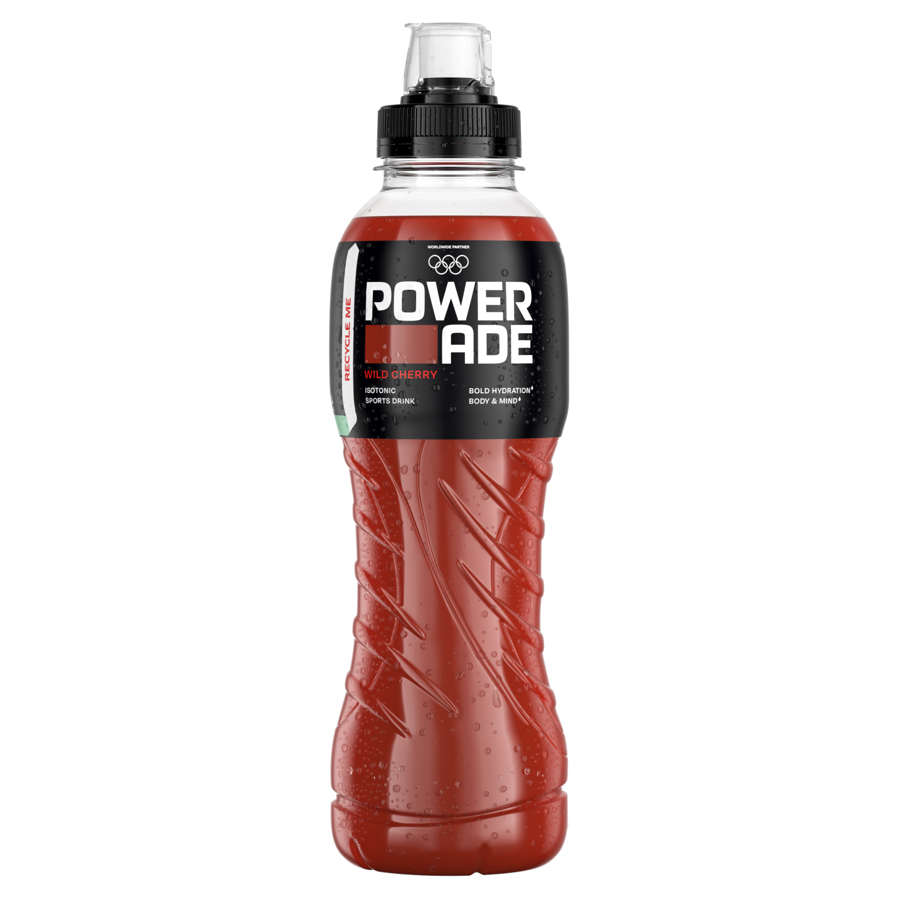 Une bouteille de boisson sportive Powerade rouge avec l’étiquette « Powerade Cherry » et un bouchon sport.