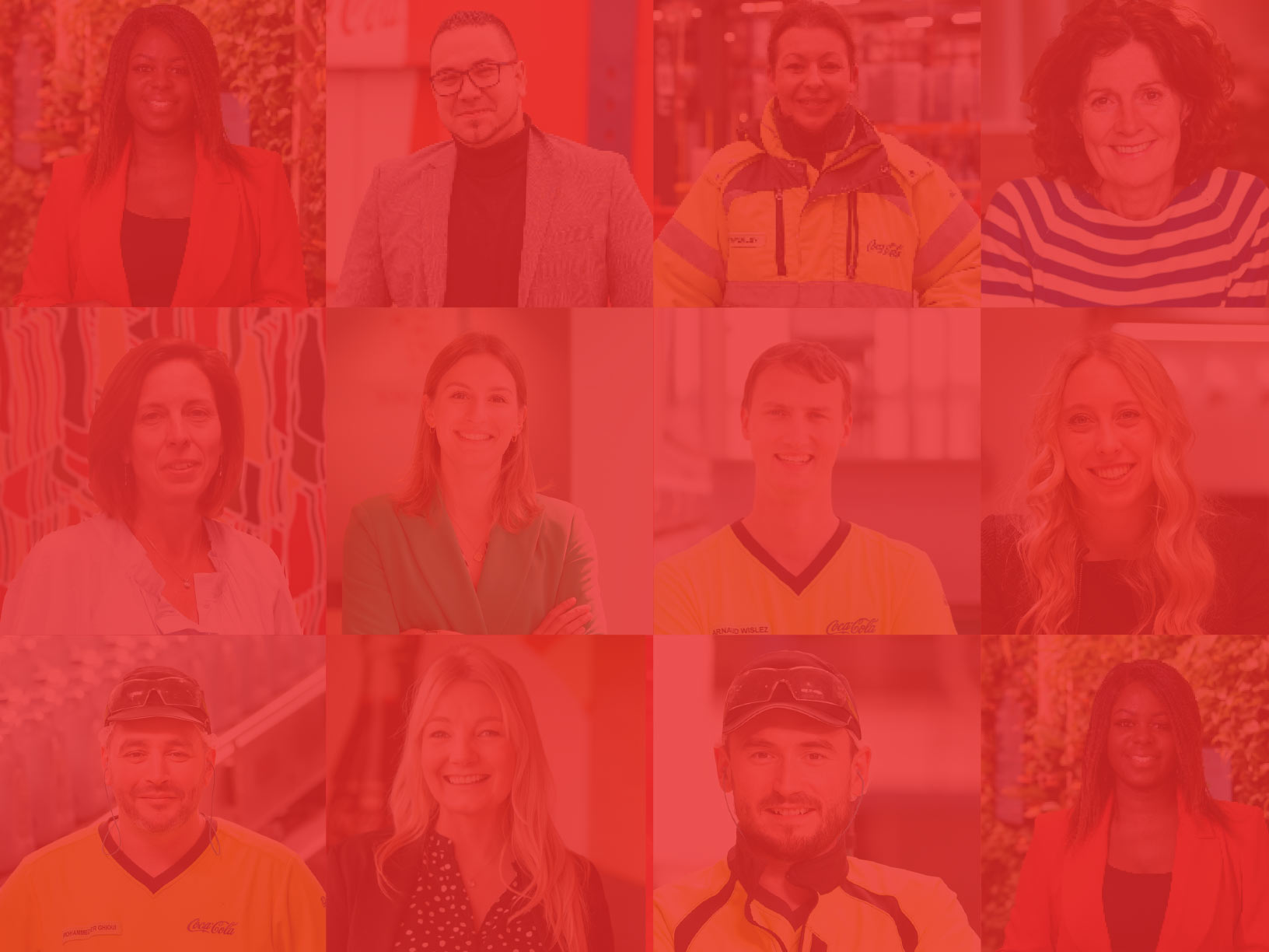 Foto met meerdere mensen uit verschillende beroepen die werken voor Coca‑Cola, gekleed in diverse outfits en aanwezig in uiteenlopende omgevingen.