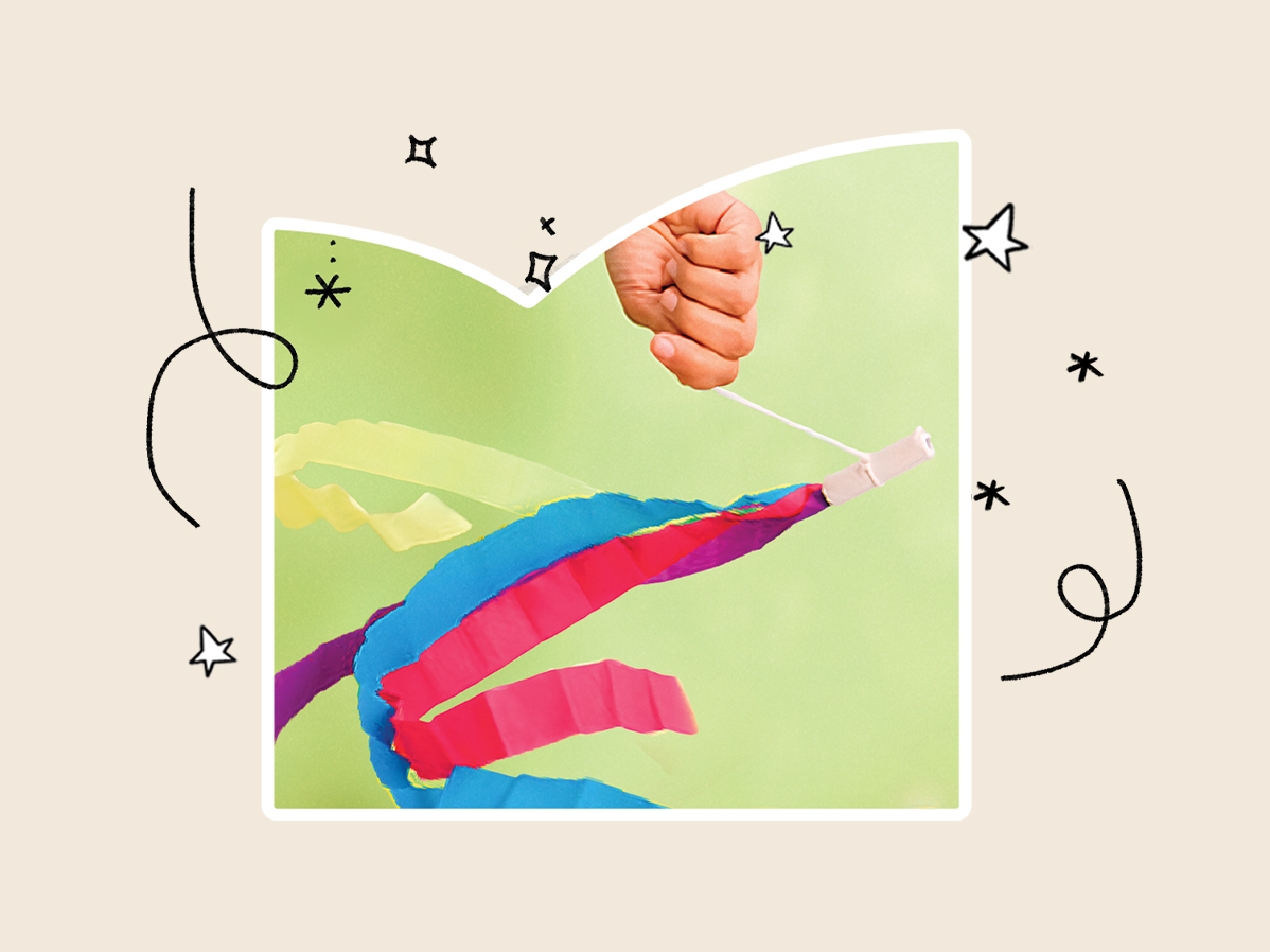 Mão segurando varinha de fitas coloridas com rabiscos em fundo verde