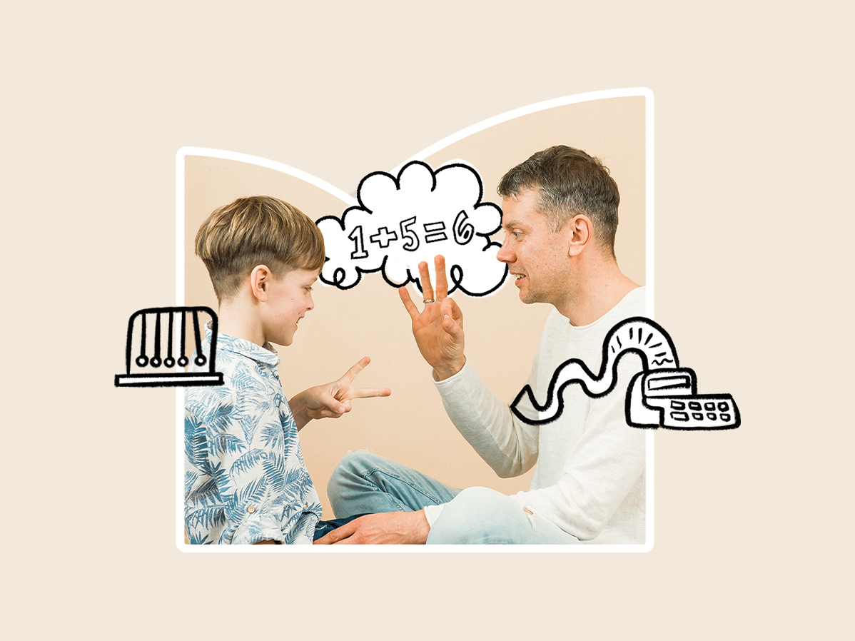 Homem e menino fazendo matemática juntos, balão de pensamento com equação e rabiscos de calculadora em desenho